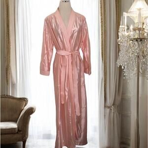 Vintage Robe Peach Pink Shiny Satin Belted Maxi Dressing Gown